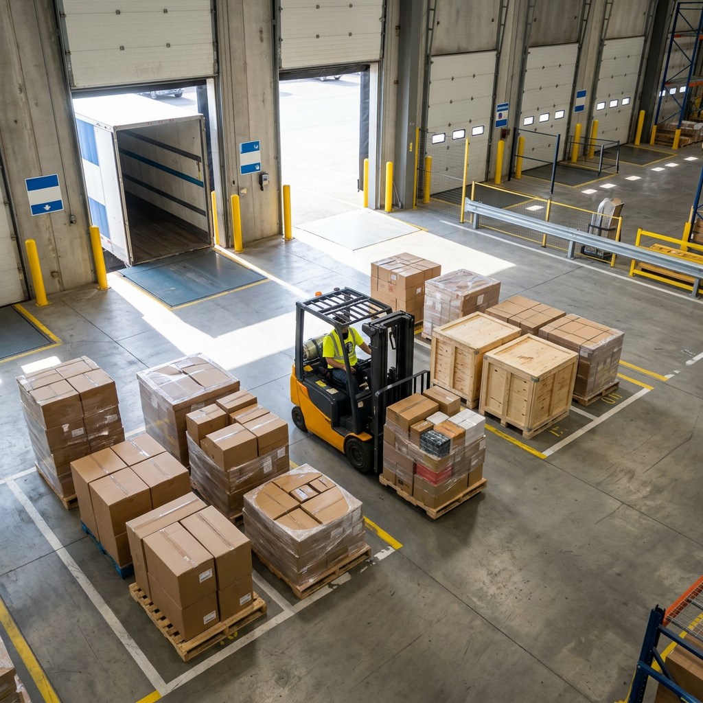 Organized warehouse loading dock with forklift and staged freight