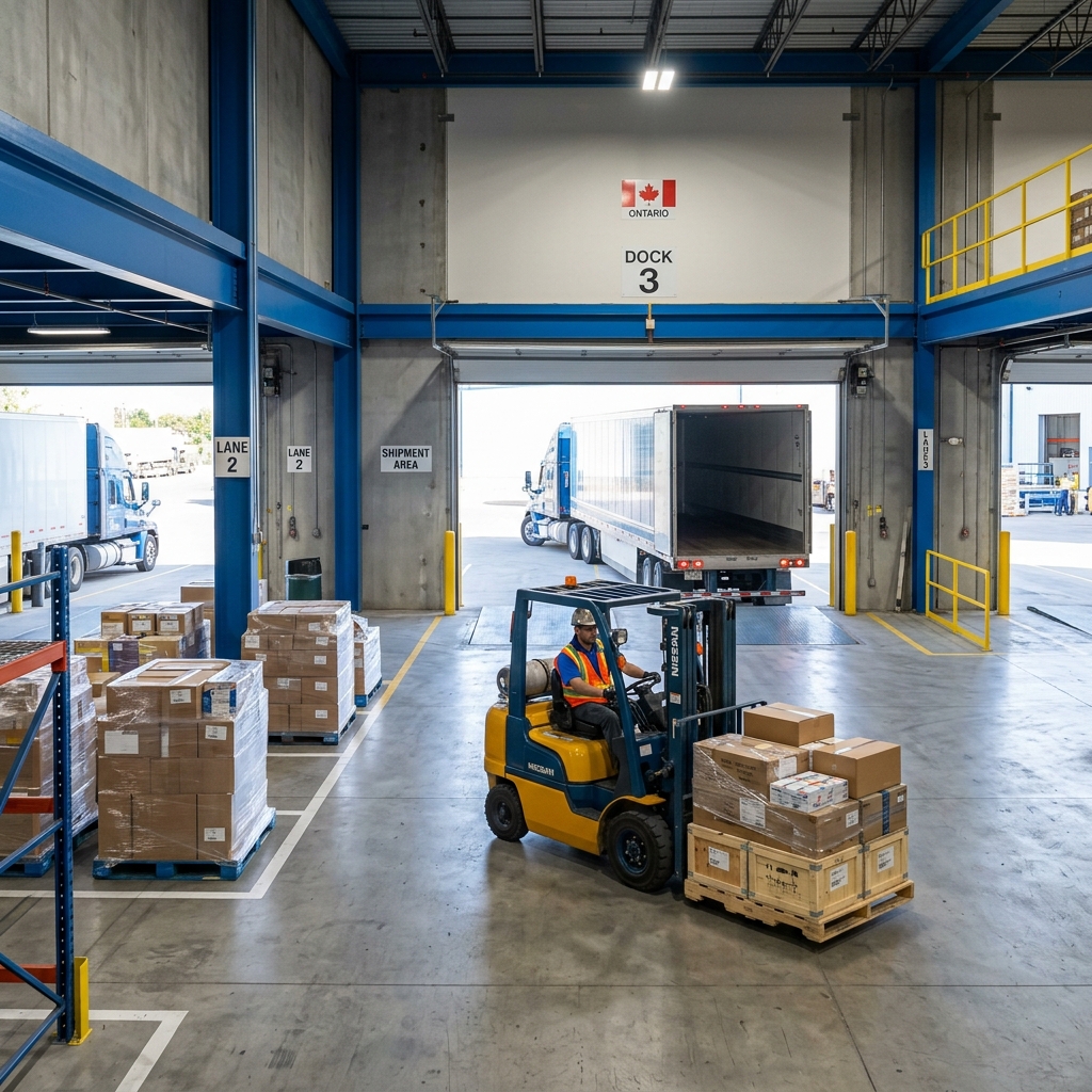 Warehouse dock with staged pallets and truck loading in progress