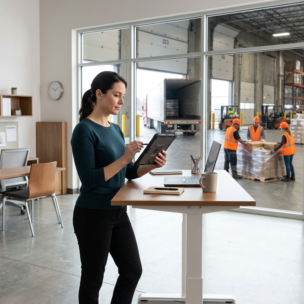 Logistics coordinator reviewing shipment data at standing desk