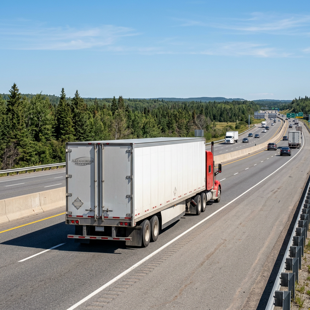 Transport truck traveling cross-border highway corridor