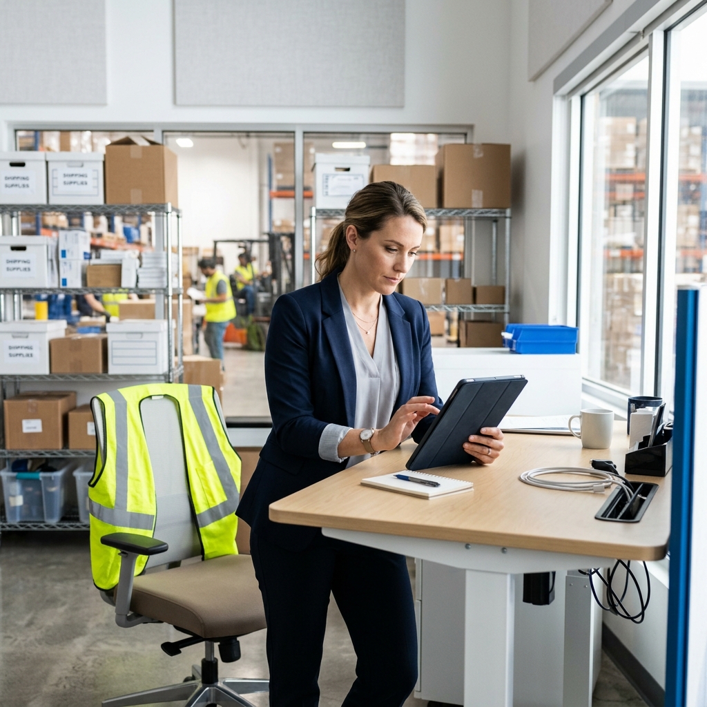 Logistics manager reviewing freight invoices on tablet