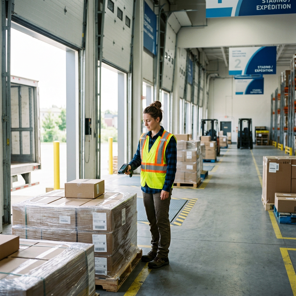 Warehouse worker scanning LTL freight pallets in organized dock