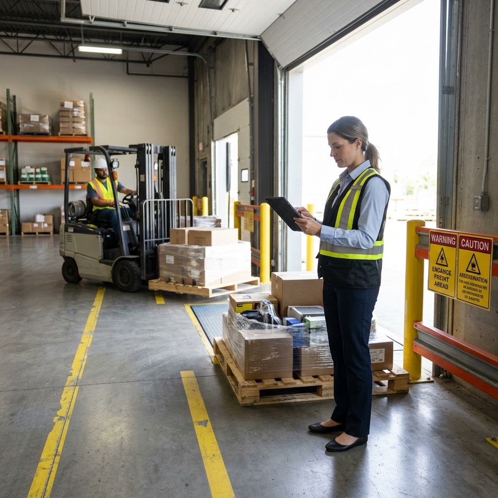 Warehouse coordinator reviewing shipping checklist on tablet before pickup