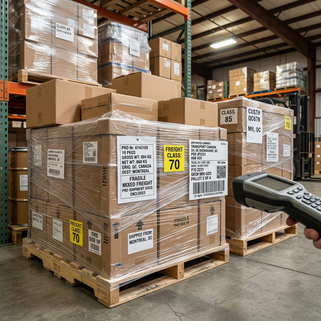 Properly labeled mixed pallets with clear freight documentation and barcode scanning