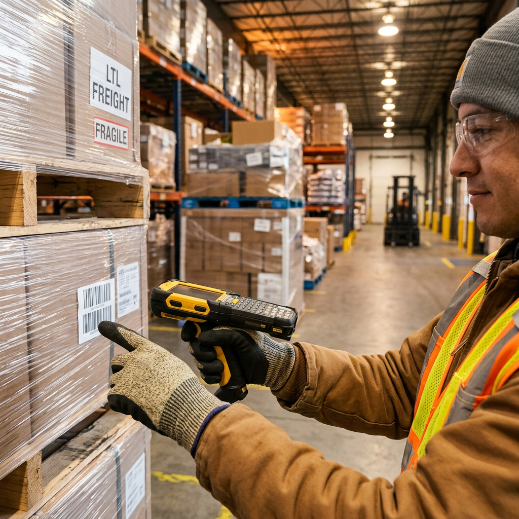 Warehouse worker scanning LTL pallets in organized freight area