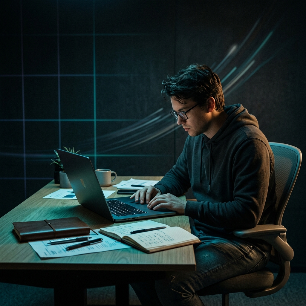 Founder working intensely at laptop with neon momentum.jpg