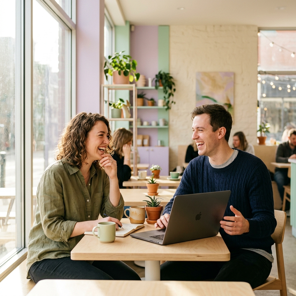Two people laughing over collaborative work.jpg