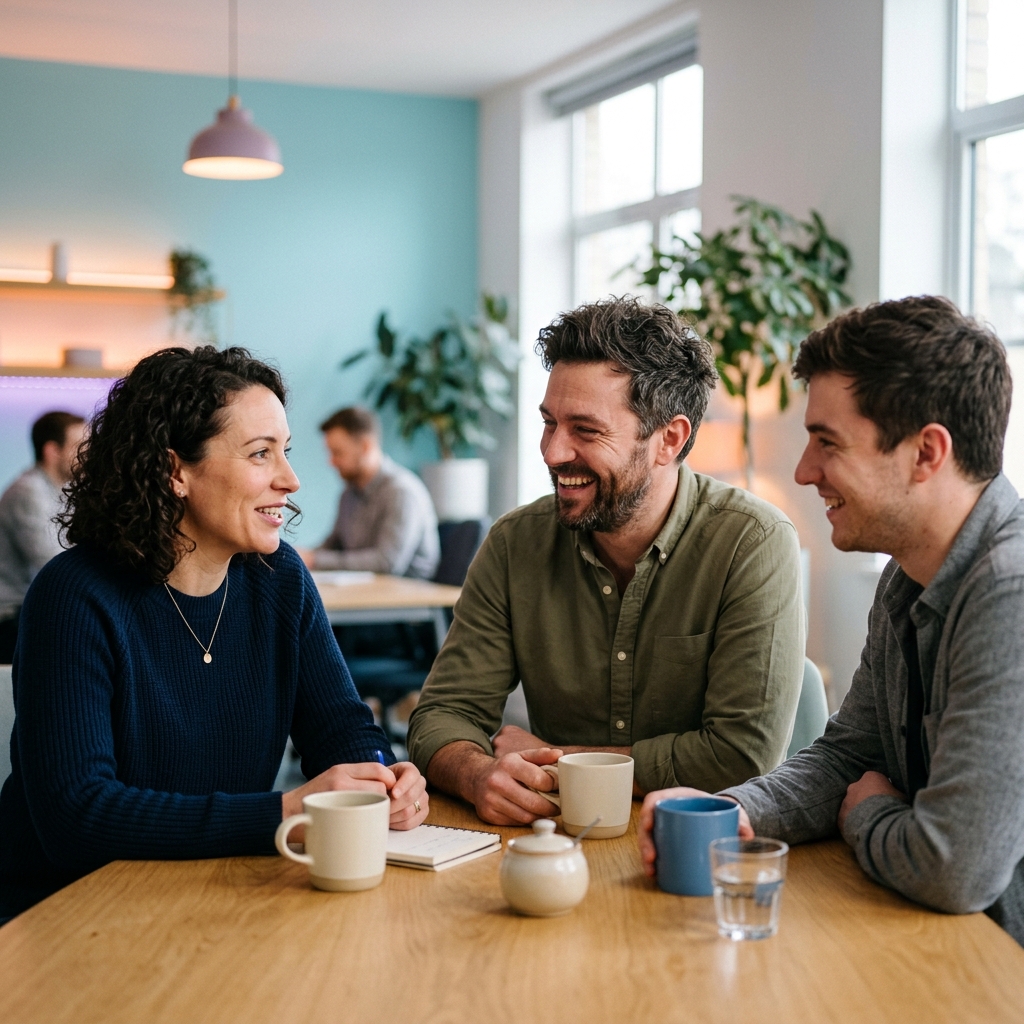 Small team smiling together over coffee in bright office.jpg