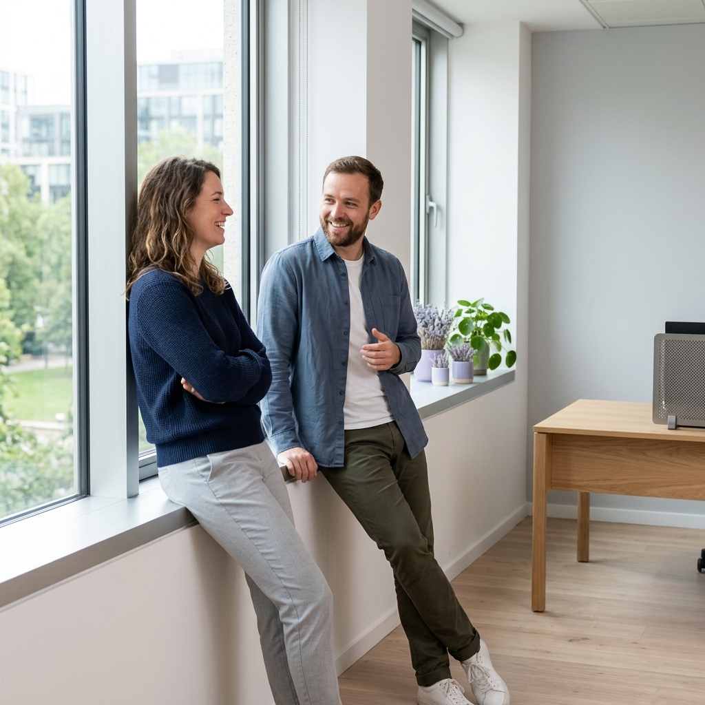 Two people sharing a relaxed moment in bright workspace.jpg