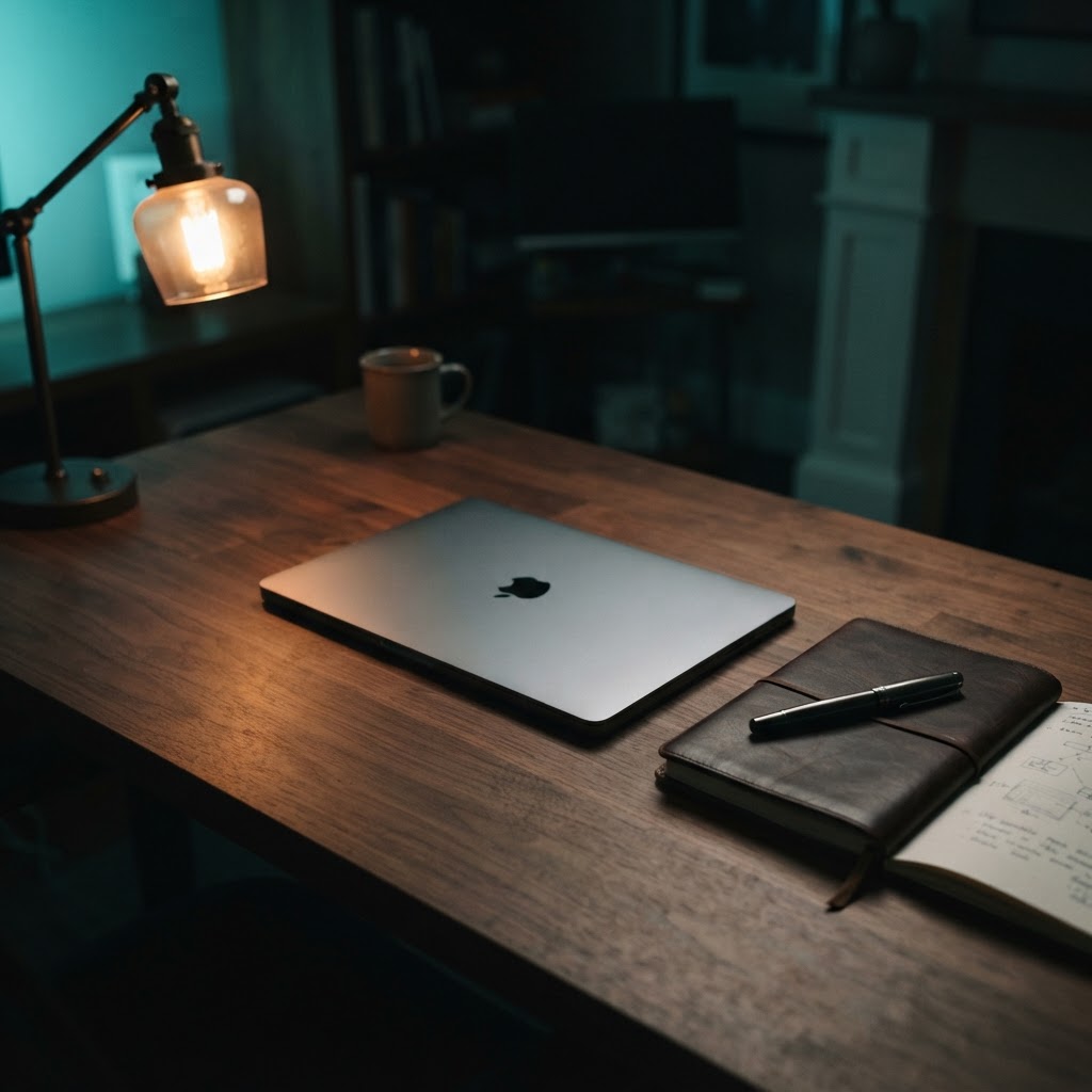 Minimalist desk setup in a dimly lit home office
