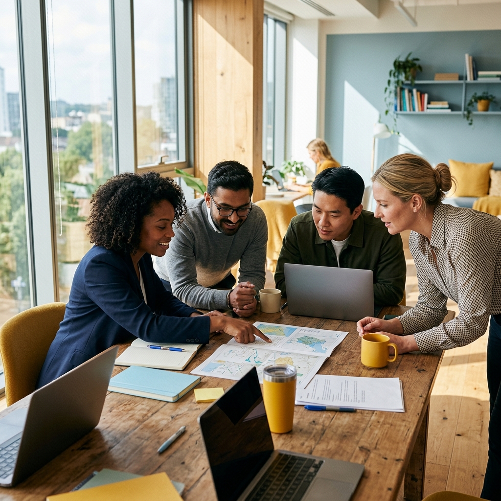 Small team collaborating energetically around a table
