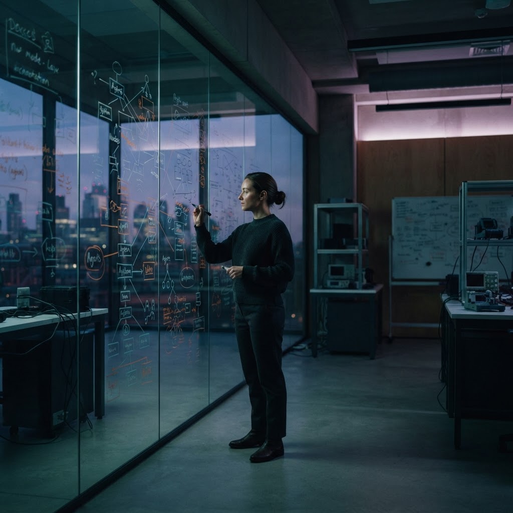 Software engineer designing system nodes on a glass wall