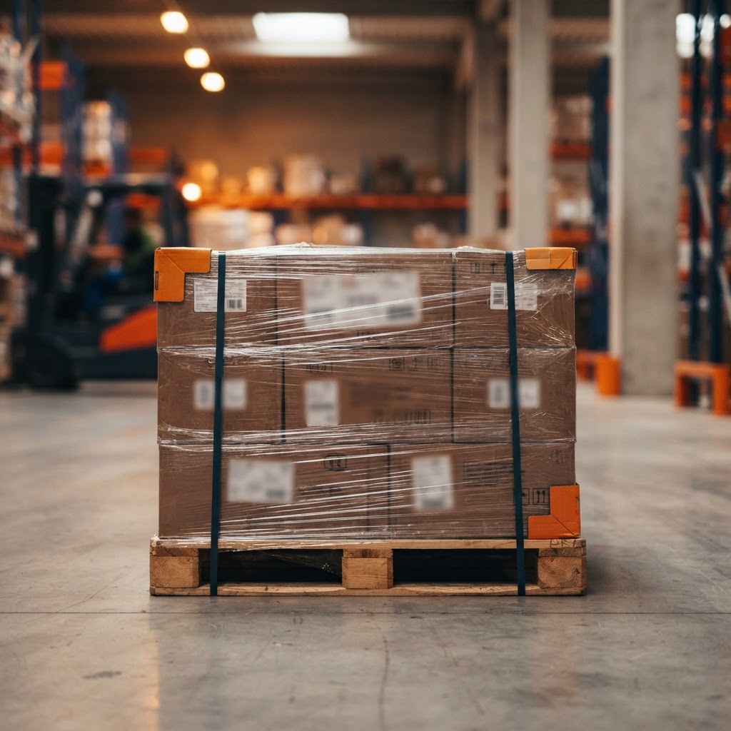 Close up of a secure pallet of freight in a warehouse.jpg