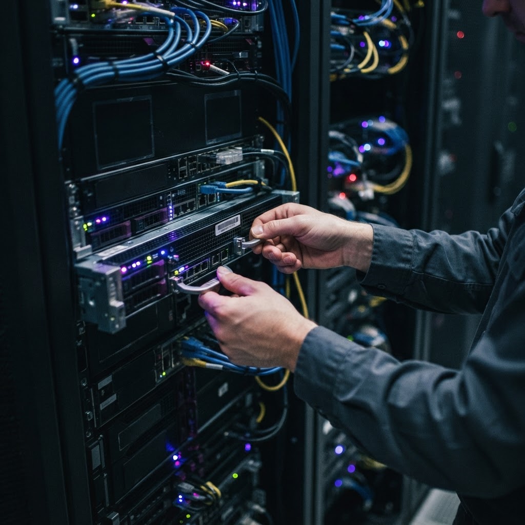 Close up of engineer hands adjusting server hardware in a rack.jpg