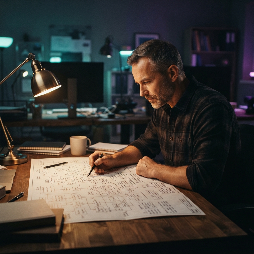 Developer studying a complex system architecture blueprint at night.jpg