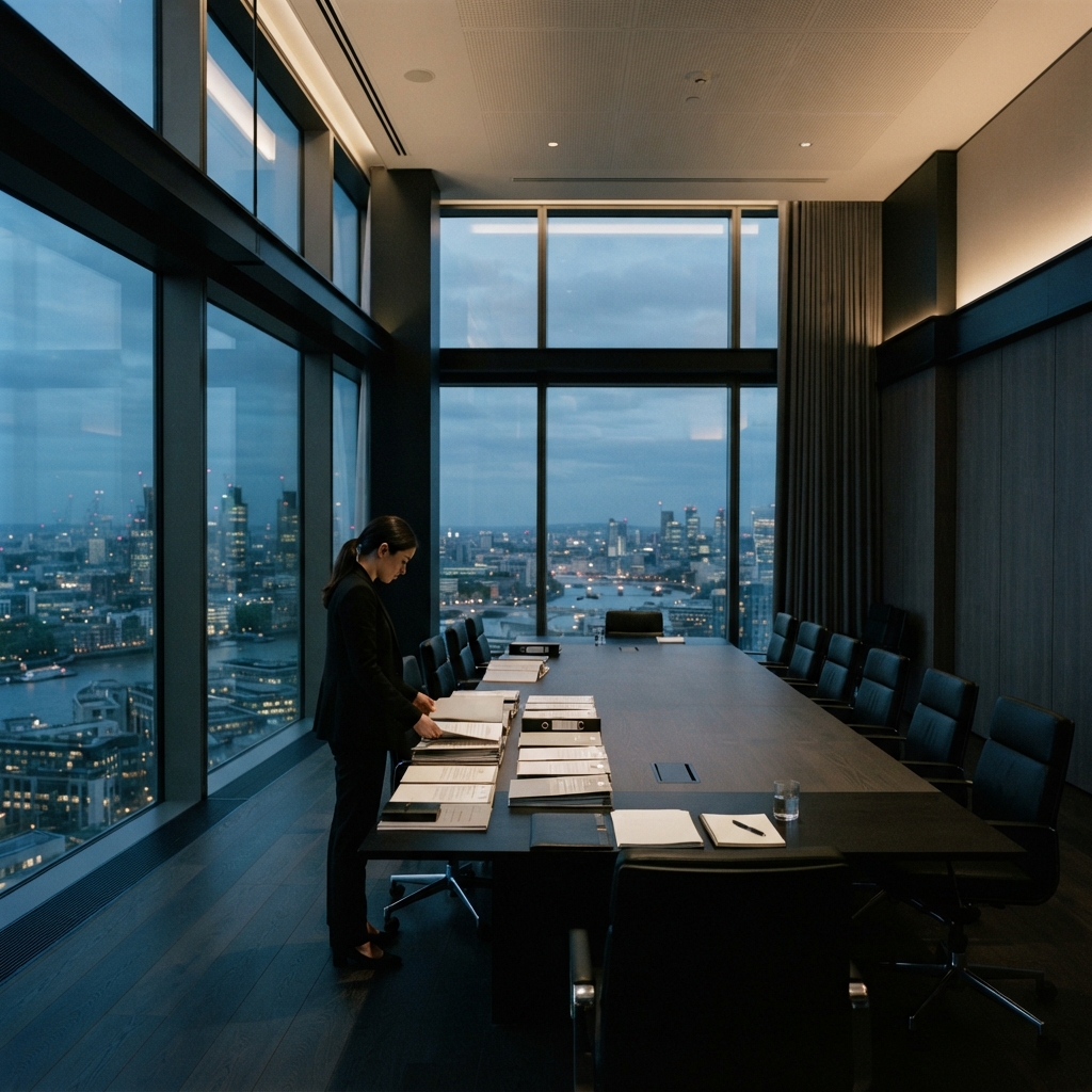 Professional reviewing physical case files in a quiet boardroom.jpg