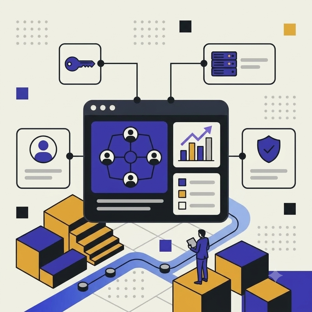 Isometric SaaS dashboard illustrating enterprise workflows, security, and metrics.   .png