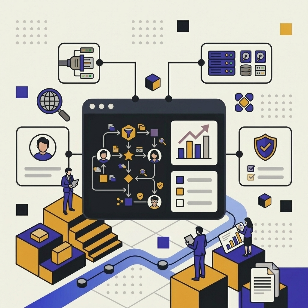 Isometric SaaS dashboard illustrating enterprise data workflows and security metrics.   .png