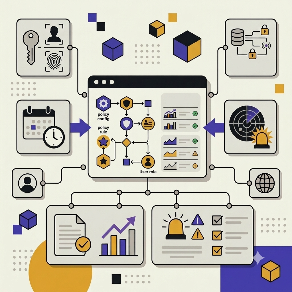 Flat vector compliance dashboard with automated monitoring and security nodes. .png