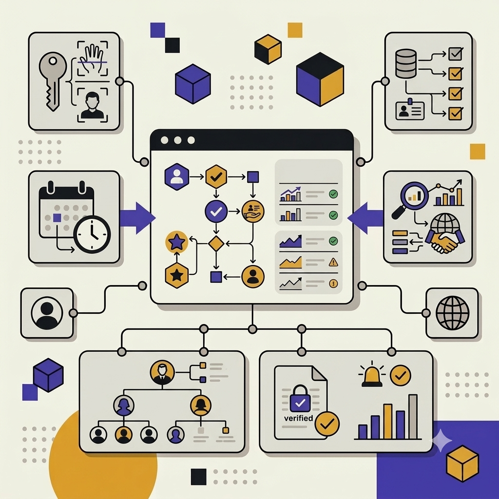 Flat vector onboarding dashboard showing organizational structures and verification. .png
