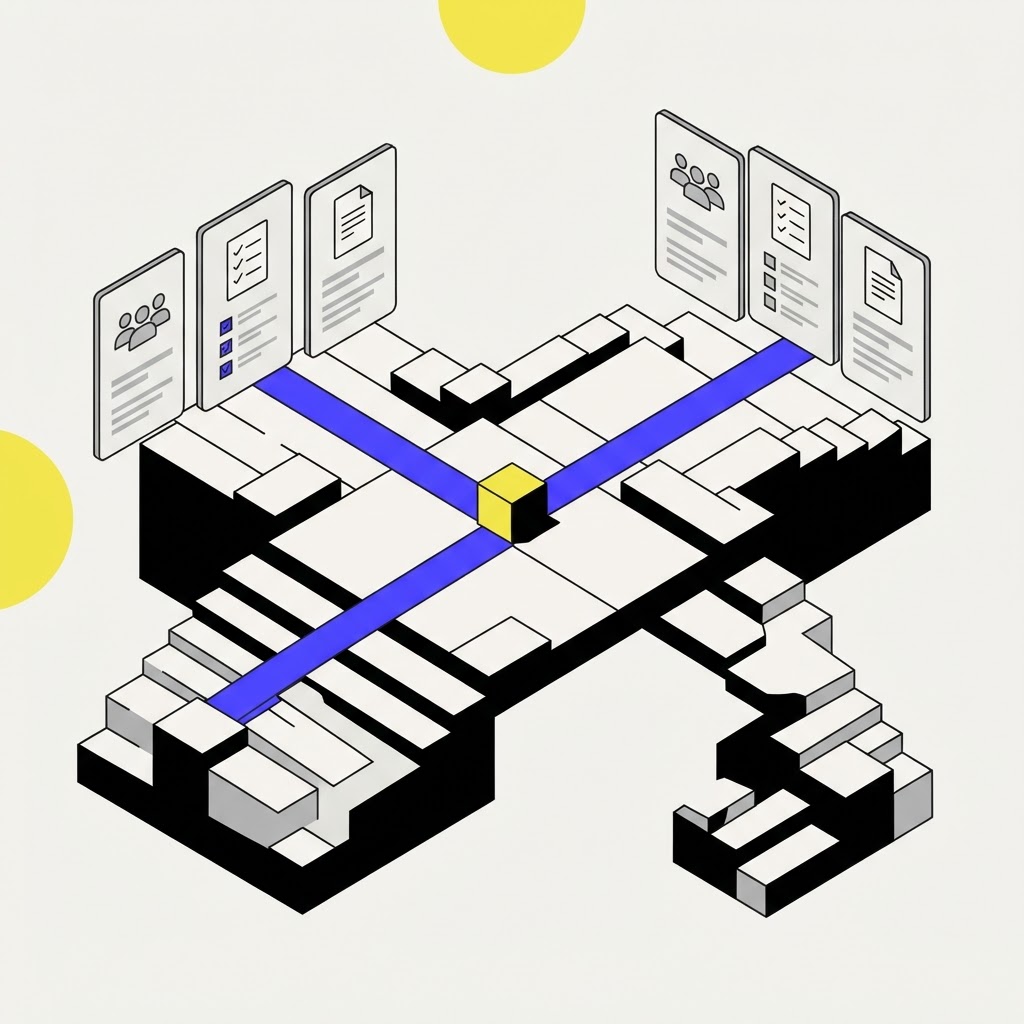 Isometric illustration of a tiered bridge connecting research data.jpg