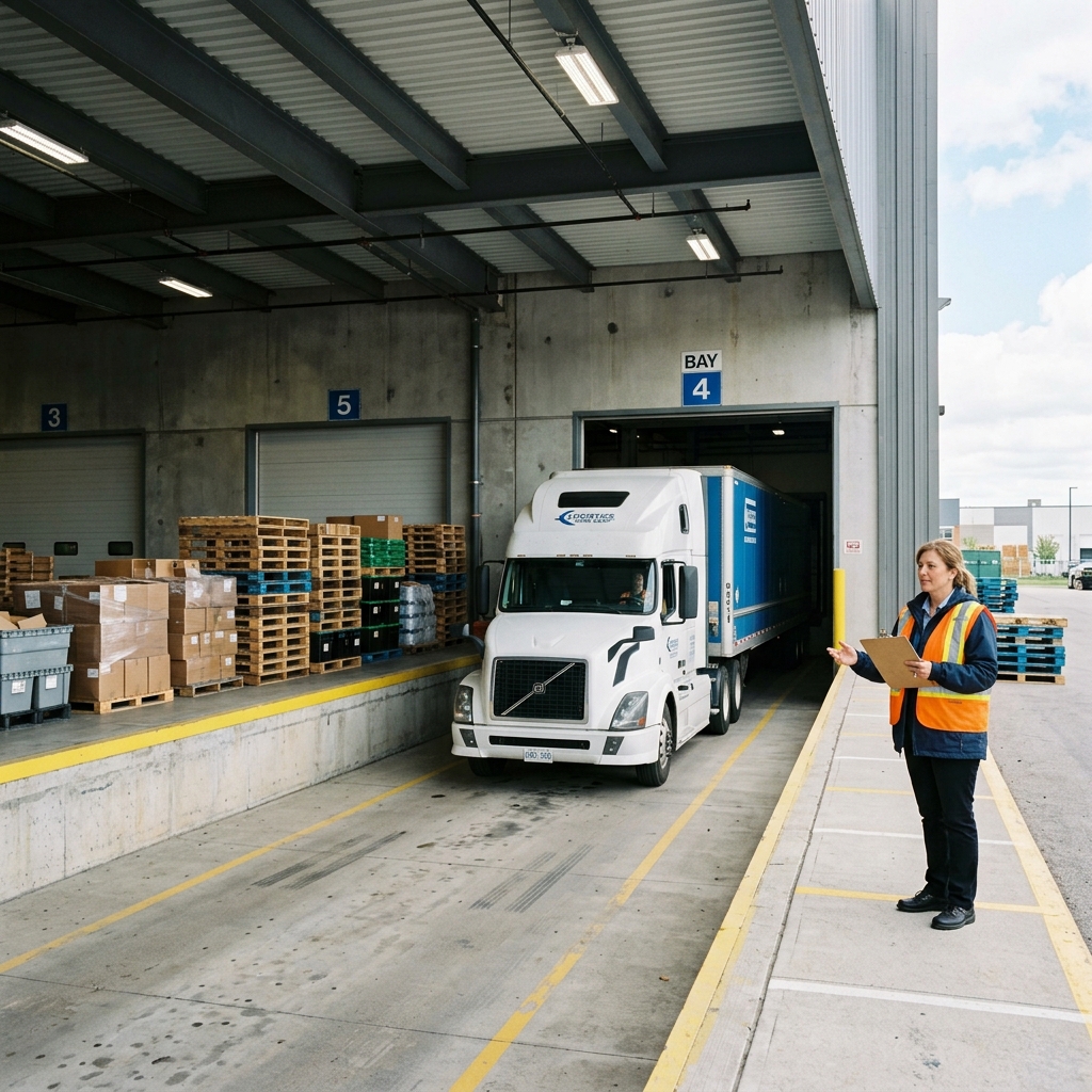 Semi-truck backing into loading bay 4 at a distribution warehouse, with a worker in a high-visibility vest directing the driver and holding a clipboard.