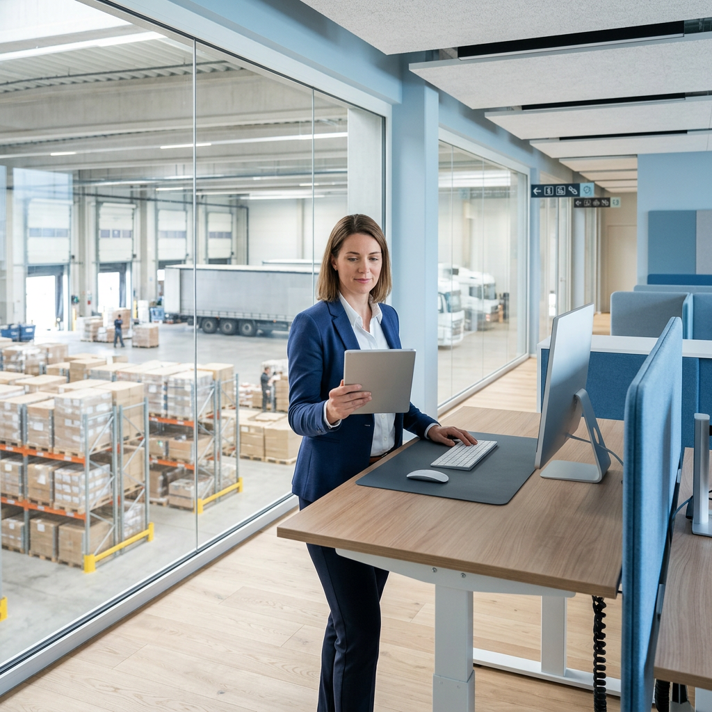 Logistics manager reviewing shipment data on tablet at standing desk (1)