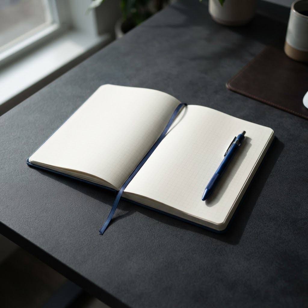 Minimalist strategy notebook and cobalt blue pen on dark desk surface